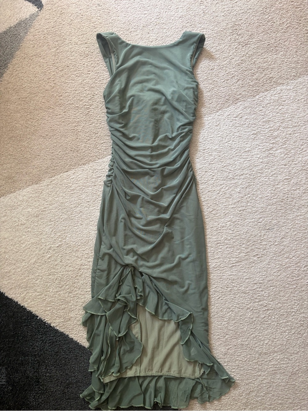 Sleeveless Sage Green Ruched High-Low Ruffle Dress - Picture 2 of 2